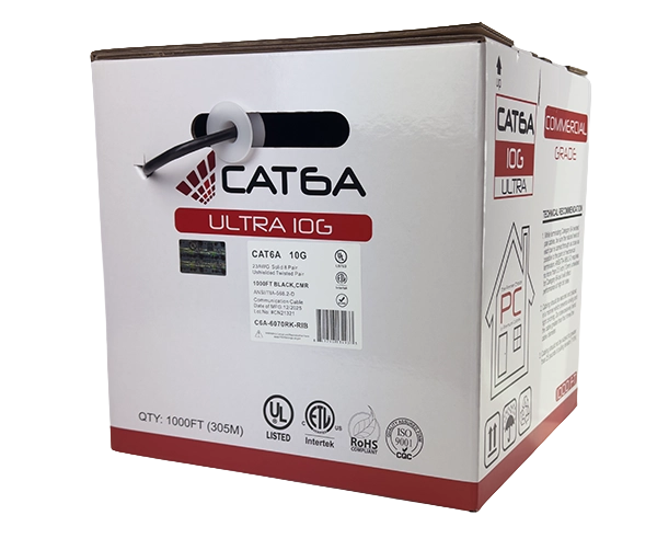 CAT6A Riser Bulk Ethernet Cable, Solid Copper Unshielded UTP CMR, 23AWG 1000FT