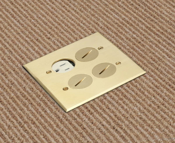 Brass Dual Gang Power Outlet Floor Box installation shot