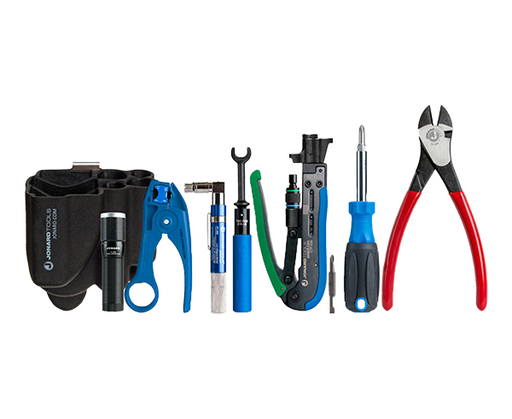 COAX Tool Kit with Dual Compression Tool - All tools in kit displayed side by side - Primus Cable
