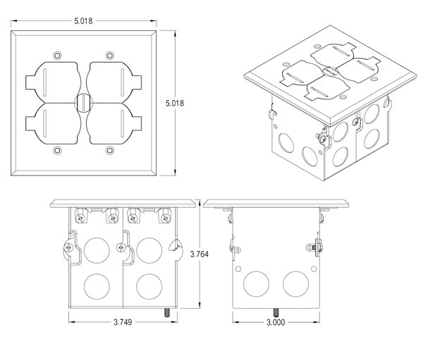 Low Voltage and Power Outlet Floor Box Kit Combo - 2 Gang Brass