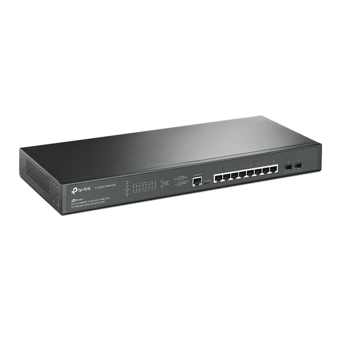 JetStream 8-Port 2.5GBASE-T and 2-Port 10GE SFP+ L2+ Managed Switch with 8-Port PoE+ Angled View