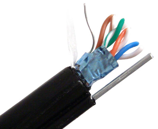 CAT5E Shielded FTP Outdoor Aerial Cable with Messenger, Wooden Spool, 1000 FT - Black
