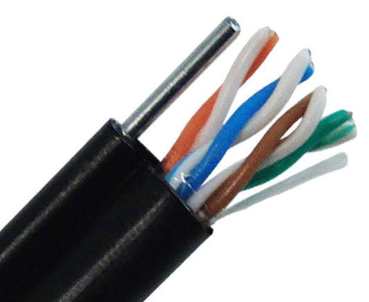 CAT5E Unshielded FTP Outdoor Aerial Cable with Messenger, Wooden Spool, 1000 FT - Black