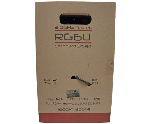 RG6 Standard Coaxial Cable, 18 AWG, 60% AL Braid, 1000', Black or White
