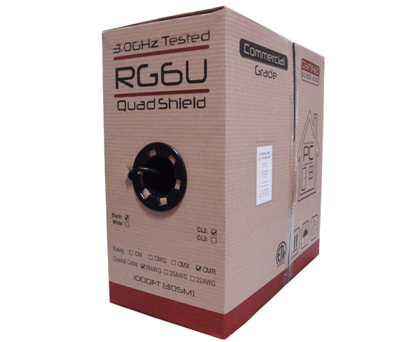 RG6 Coaxial Cable, Quad Shielded, 18 AWG BC, 60% AL Shield Pull Box Black
