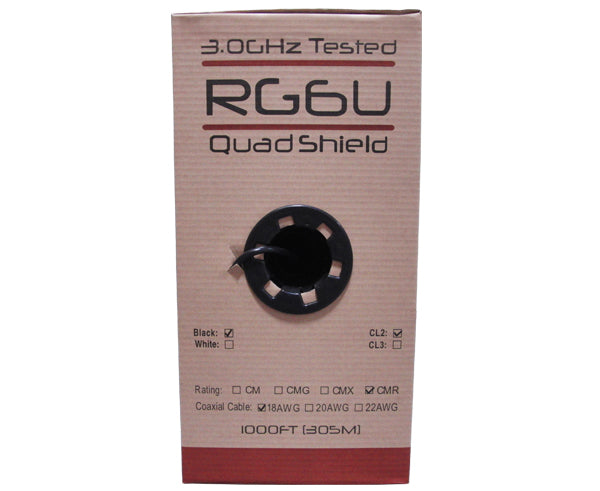 RG6 Bulk Coaxial Cable Solid Copper Quad Shield 1000' Black in pull box