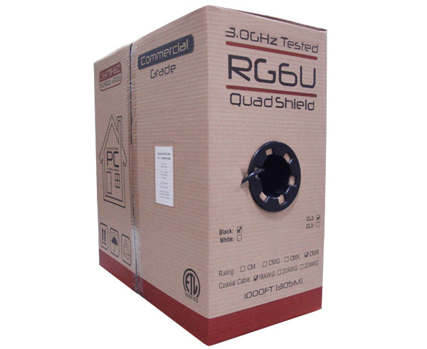 RG6 Bulk Coaxial Cable Solid Copper Quad Shield 1000' Black in pull box