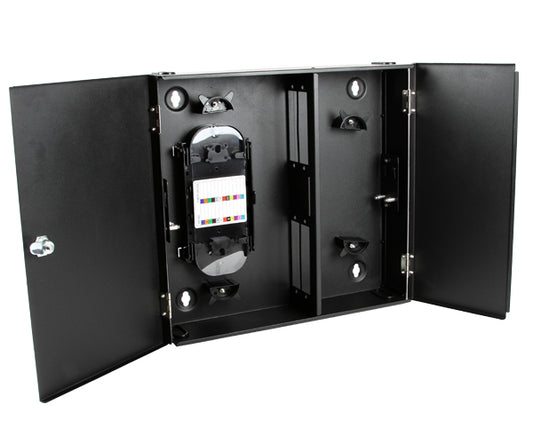 Wall Mount Fiber Patch Panel, Double Door, 4 Adapter Capacity, Black