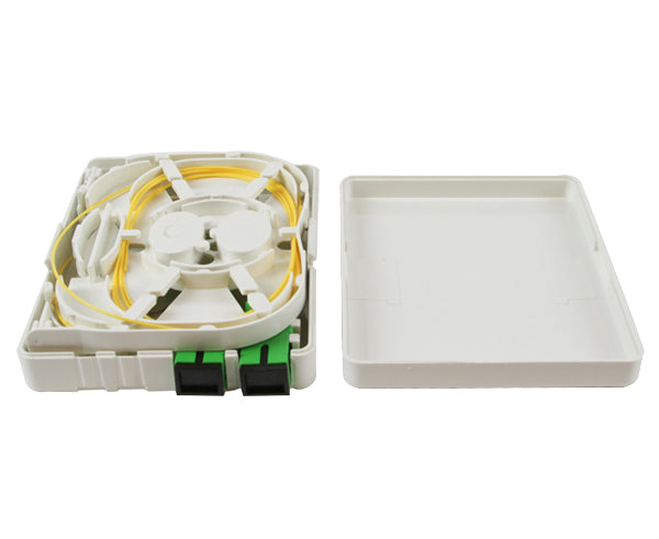 Fiber Termination Box, Wall Mount FTTH, Loaded 2 SC/APC Adapters and 1 Pigtail, Open
