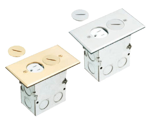 Brass or Nickel Plated Single Gang (1-Gang) Power Outlet Floor Box Kit with Steel Box and Metal Cover with Threaded Plugs