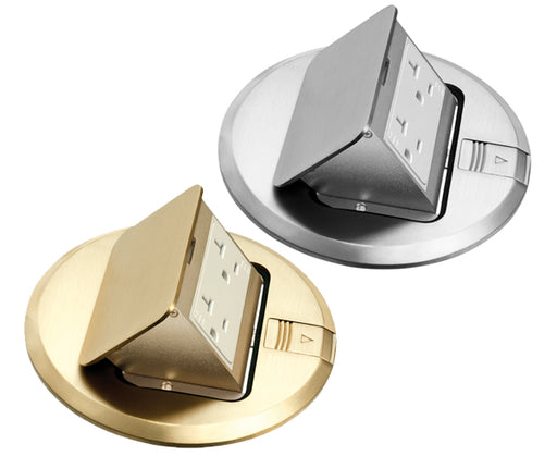 Floor Power Outlet Round Trapdoor Cover, Brass or Nickel-plated. Pre-mounted gasket & decorator-style 15A receptacle