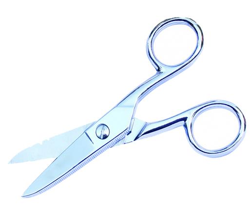 5" Scissor Run Electrician's Scissors. Cuts solid wire up to 16 AWG and stranded up to 12 AWG. Strips 19 and 23 AWG.