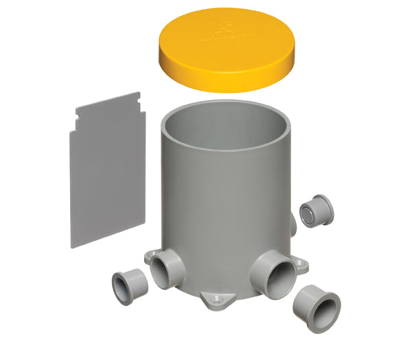 4.5" Non-Metallic Round Box with Plugs, Low Voltage Divider and Mud Cover