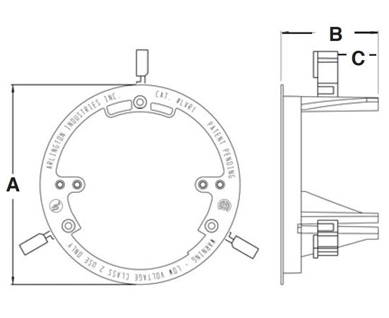 Round Low Voltage Non-Metallic Drywall Mounting Bracket Black w/ Mounting Wings- Informational Graphic