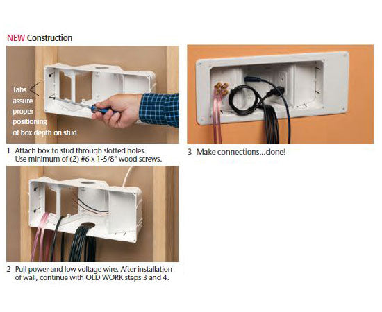 Non-metallic Plastic recessed power/low voltage TV Box™ combination box with Angled Openings- Instructions