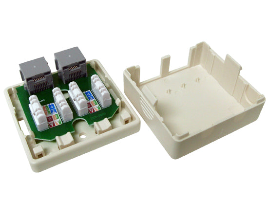 CAT5E Surface Mount Box, 2 Port Loaded Universal Box Case - Almond