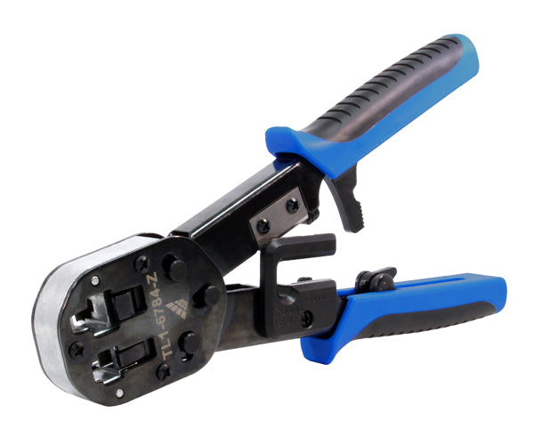 Blue Category 5E, and Category 6 Easy Feed RJ45 Connector Ratchet Crimp Tool - Blue with Built In Wire Cutter - Primus Cable Hand Tools