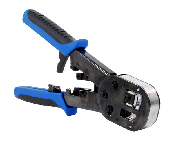 CAT5E, and CAT6 Easy Feed RJ45 Connector Ratchet Crimp Tool - Blue Rubber Grip - Built In Wire Cutter - Primus Cable