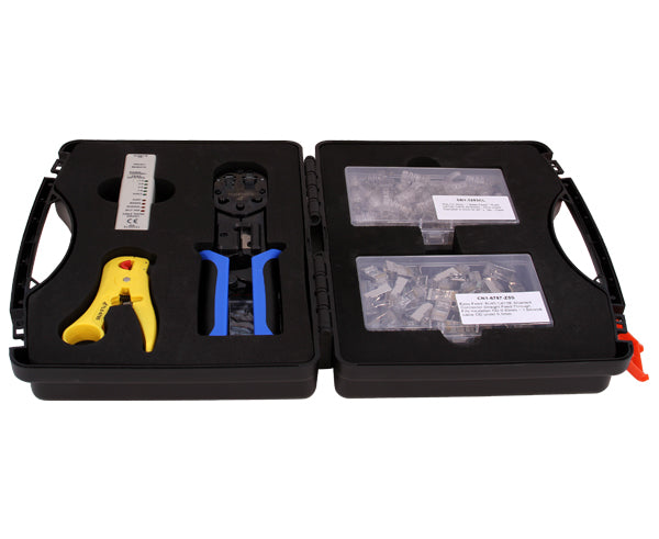 Cat5E Ethernet Termination Tool Kit includes cable stripper, cable crimper, cableTester, RJ45 Easy Feed Connectors, RJ45 Slip-On-Boot, and black rugged carrying Case