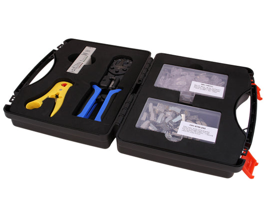 Cat6 Shielded Networking Termination Tool Kit includes cable stripper, cable crimper, cableTester, RJ45 Easy Feed Connectors, RJ45 Slip-On-Boot, and Carrying Case