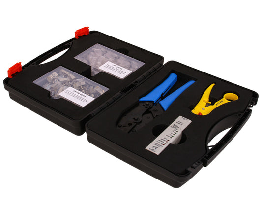Cat6A Networking Termination Tool Kit includes cable stripper, cable crimper, cableTester, RJ45 Easy Feed Connectors, RJ45 Slip-On-Boot, and Carrying Case