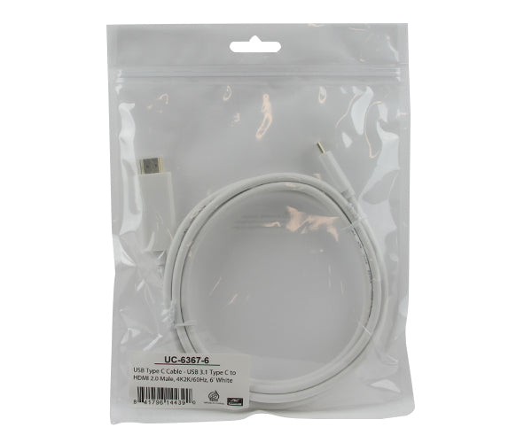 USB 3.1 Type C Male to HDMI 2.0 Male Cable, White, 6FT, 10FT, 4K x 2K at 60Hz, product in bag