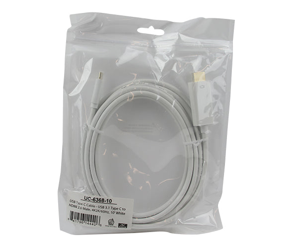 USB 3.1 Type C Male to HDMI 2.0 Male Cable, White, 6FT, 10FT, 4K x 2K at 60Hz - product in packaging