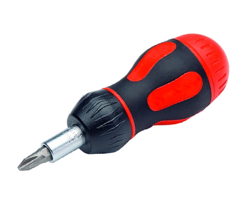 8-in-1 Ratcheted Stubby Screwdriver - Red and Black Handle with Short Handle - Primus Cable
