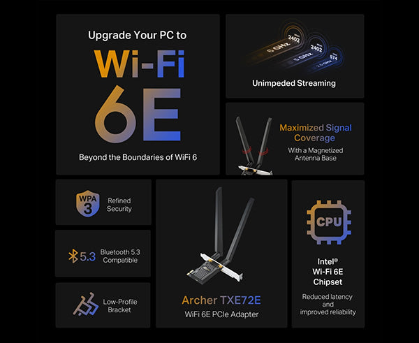 WiFi 6E beyond the boundaries of WiFi 6. Refined Security. Bluetooth 5.3 Compatible. Low-Profile Bracket, Archer TXE72E WiFi 6E PCie Adapter, Unimpeded Streaming, Maximized Signal Coverage with a magnetized antenna base, Intel WiFi 6E Chipset Reduced latency and improved reliability. 