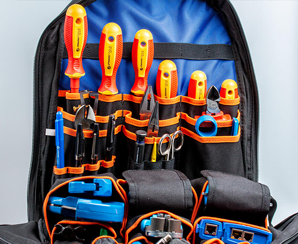 Another image of the Tool Technical Backpack shown with tools a technician might use - Primus Cable