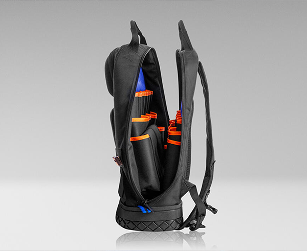 Technician's Tool Bag Backpack - Side view with zipper open revealing inside pockets and space - Primus Cable