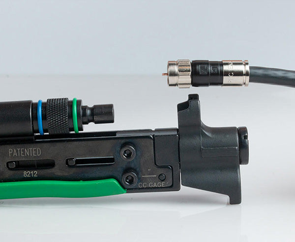 Dual Compression Tool - Short and Long Style F Connectors - Tool in use on green side of tool - Primus Cable