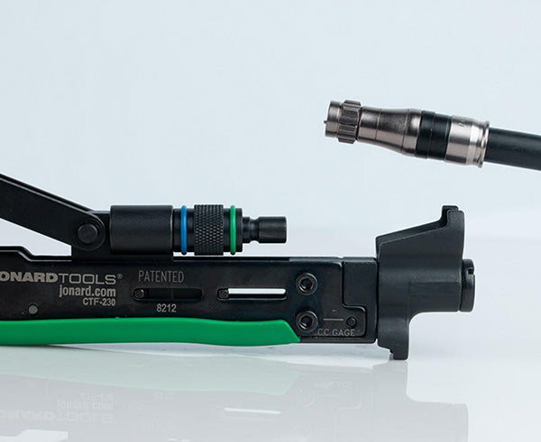 Dual Compression Tool - Short and Long Style F Connectors - Cable and tool close up - Primus Cable