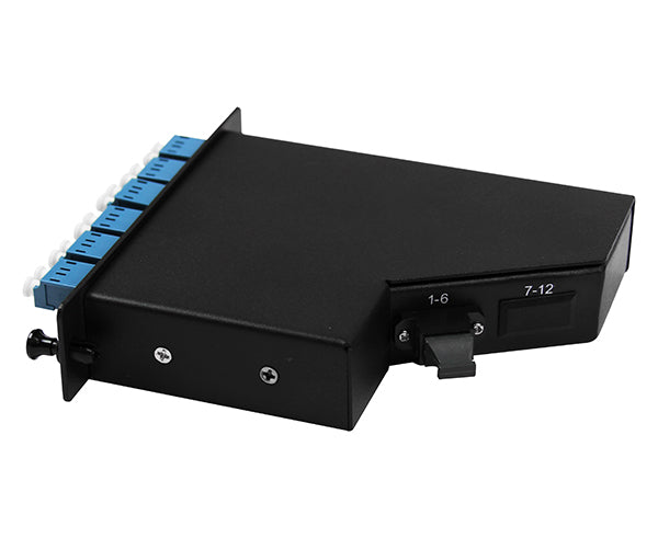 MTP® Cassette - 1x12 Fiber MTP/APC Elite-Male (With Pins), LC/UPC 12 Fiber, SM, Blue Adapters, LGX Compatible, A-Polarity