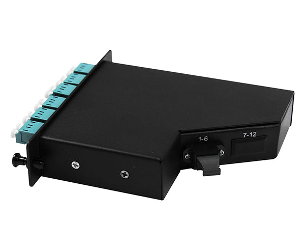 MTP® Elite Cassette - 1x12 Fiber MTP/PC Elite-Male (With Pins), LC/UPC 12 Fiber, MM, 50/125um, OM3, Aqua Adapters, LGX Compatible, A-Polarity