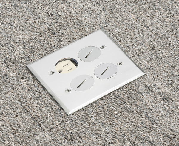 Nikel plated Dual Gang Power Outlet Floor Box installation shot