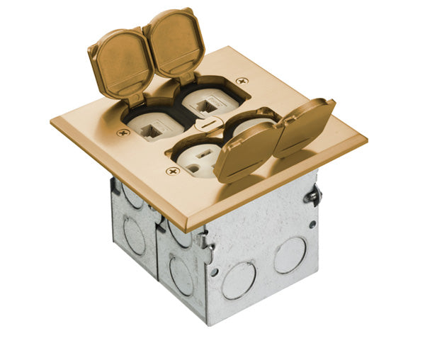 Combo floor box kit with installed low-voltage divider and square metal cover with flip lids - Brass