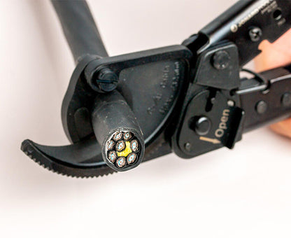 Ratcheting Cable Cutter, 500 MCM - Cable cutter in use on thick cable - Primus Cable