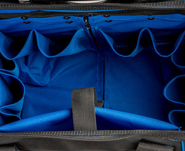 Professional Rolling Tool Bag, 18 Pockets, 16" - View of the blue interior with 18 pockets - Primus Cable