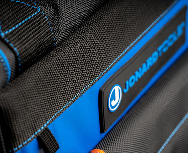 Jonard Tools | Professional Rolling Tool Bag, 18 Pockets, 16" - Logo and material close up - Primus Cable