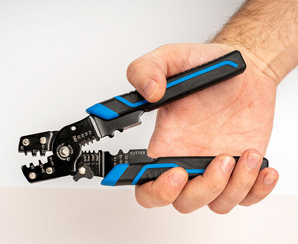 Hand Holding Electric Blue Lug and Terminal Crimper - Primus Cable