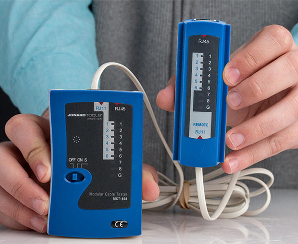 16 Piece Security & Alarm Tool Kit+ - Modular cable tester in use - Primus Cable