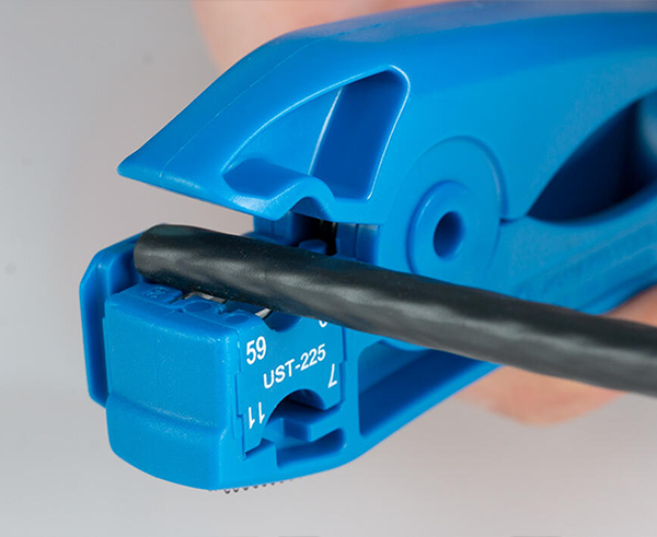 COAX Stripping Tool for RG59, RG6, RG7, RG11 Cables with Cable Stop - Blue - Primus Cable