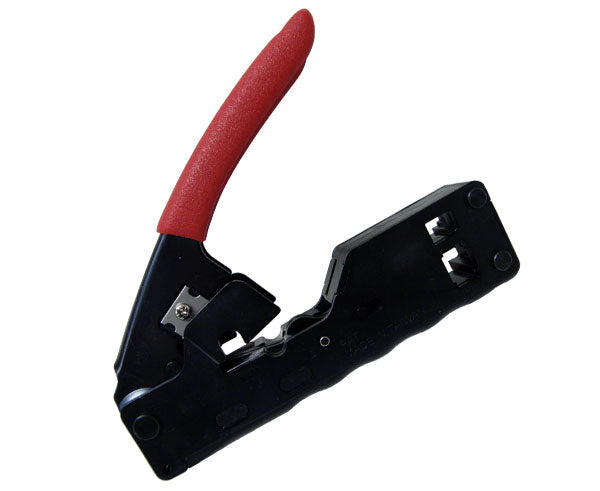Tele-Titan Modular Plug Coax Crimping Tool, for RJ45 (8x8), RJ12 (6x6), RJ11 (6x4) Cables - Black and red design side view - Primus Cable