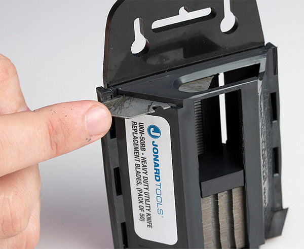 Heavy Duty Utility Knife Replacement Blades, P/50 - Box taking old used blades into the top to be stored safely - Primus Cable