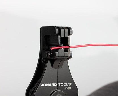 Wire Stripper and Cutter, 8-22 AWG - In use cutting red wire - Primus Cable