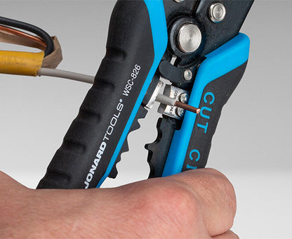 Wire Stripper & Crimper for 8 AWG-26 AWG - Cutting white wire - Primus Cable