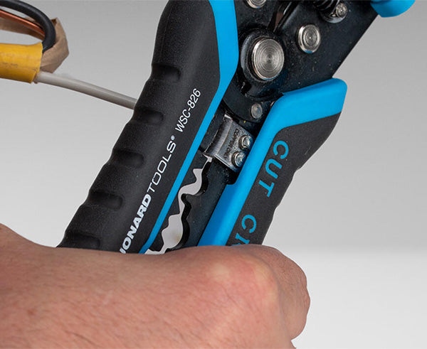 Wire Stripper & Crimper (8 AWG-26 AWG) - Crimper in use - Primus Cable