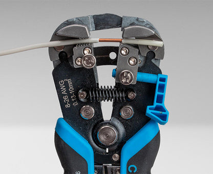 Wire Stripper & Crimper (8 AWG-26 AWG) - Wire stripper pulling off jacket - Primus Cable