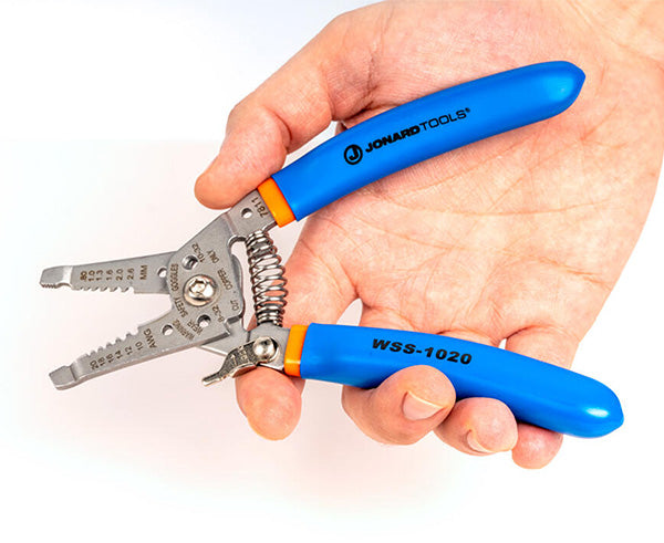 Hand Holding Stainless Steel Curved Wire Stripper - Hand held open to see all features - Primus Cable